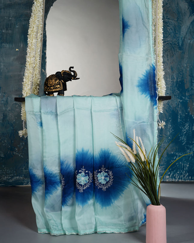 Russian Silk saree with Kardhana and applique Work with Scallop Border - Blue