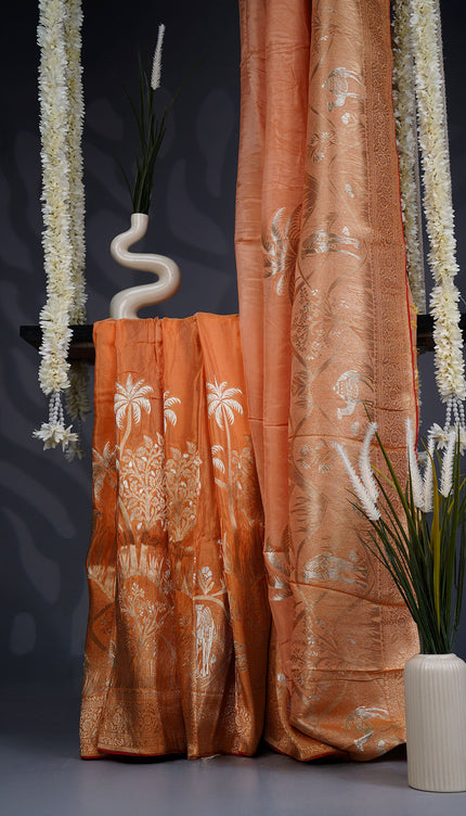 Banaras Silk Saree with Gold Zari Weaving- Rust
