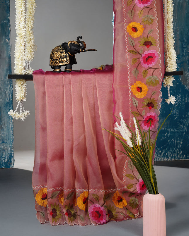 Soft tissue Organza saree with Thread work and scallop border - Baby Pink