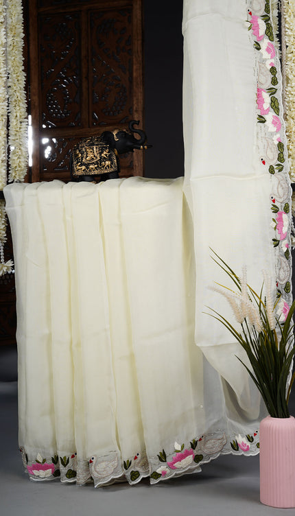 Russian Crepe Saree with Thread Work and Scallop Border- White