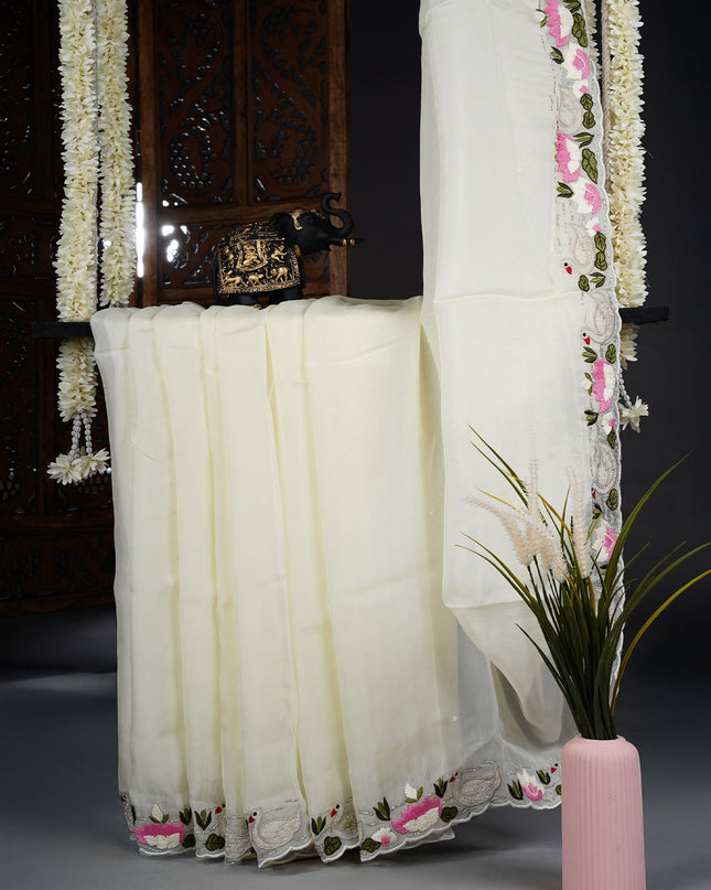 Russian Crepe Saree with Thread Work and Scallop Border- White