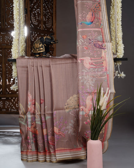 Tussar silk saree with digital print and t hread  weaving border - Beige
