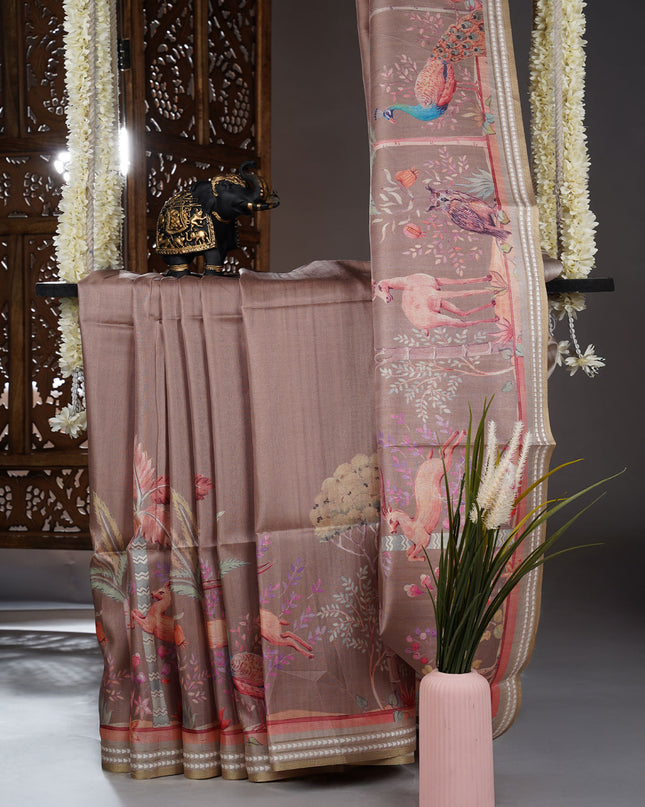 Tussar silk saree with digital print and t hread  weaving border - Beige