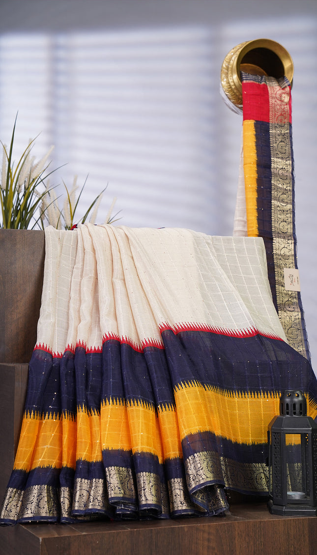 Chinon Silk Saree with Self Checks Dual Color & Zari Border - Multicolor
