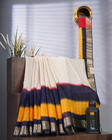 Chinon Silk Saree with Self Checks Dual Color & Zari Border - Multicolor