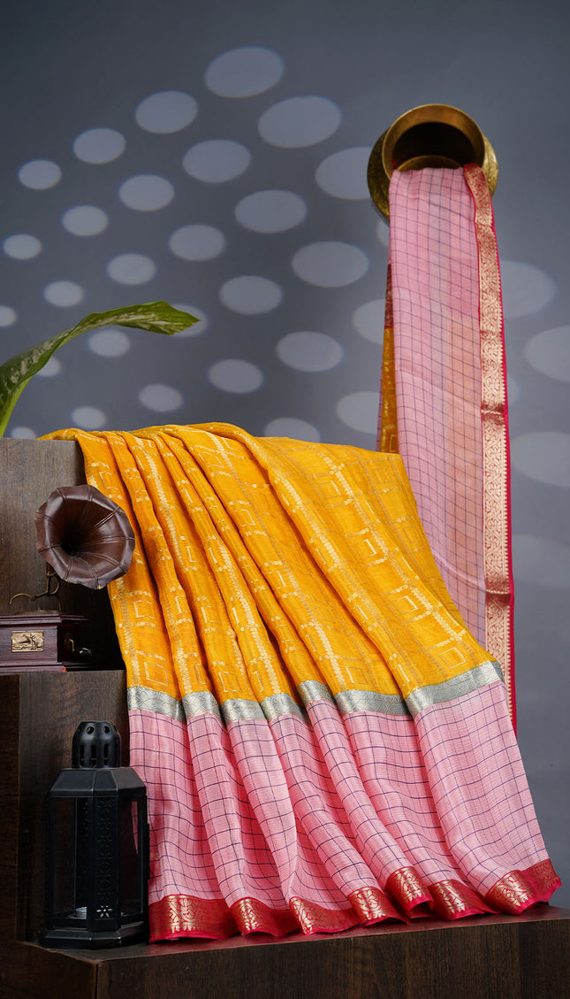 Chiffon Saree Gold Weaving Checks with Gap Border- Yellow