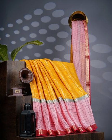 Chiffon Saree Gold Weaving Checks with Gap Border- Yellow