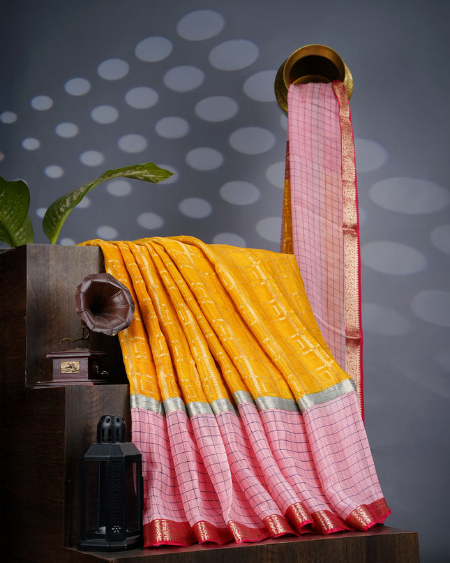 Chiffon Saree Gold Weaving Checks with Gap Border- Yellow