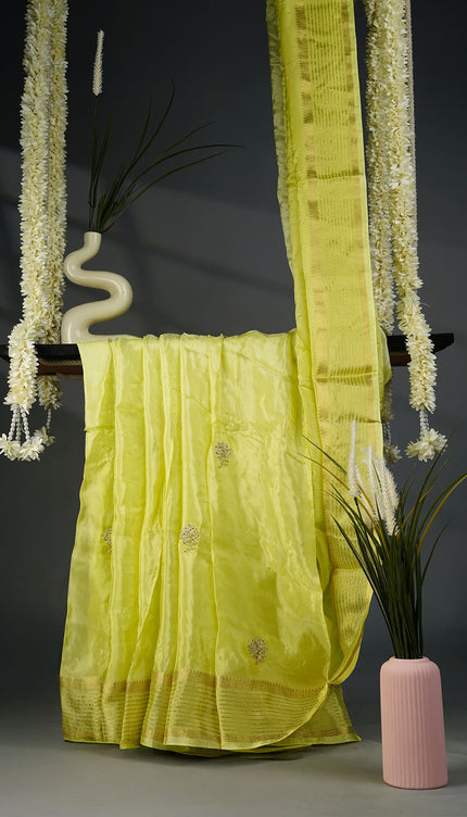 Russian Crepe Kardhana Sequence Work Butties Gold Stripes- Green