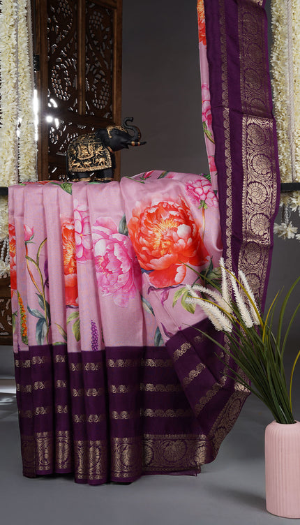 Binny Crepe Saree Floral Print With contrast Border - Baby Pink