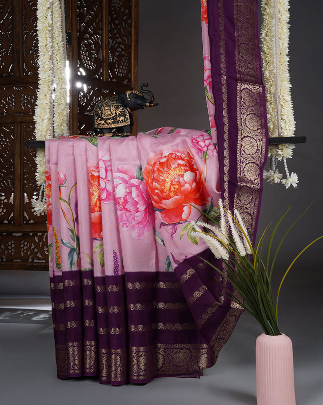 Binny Crepe Saree Floral Print With contrast Border - Baby Pink