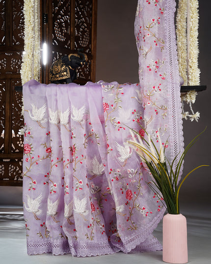 Soft Tissue Organza Silk with All Over Embroidery with Cut Work Border - Lavender