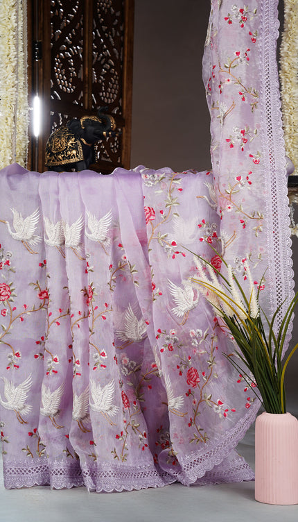 Soft Tissue Organza Silk with All Over Embroidery with Cut Work Border - Lavender