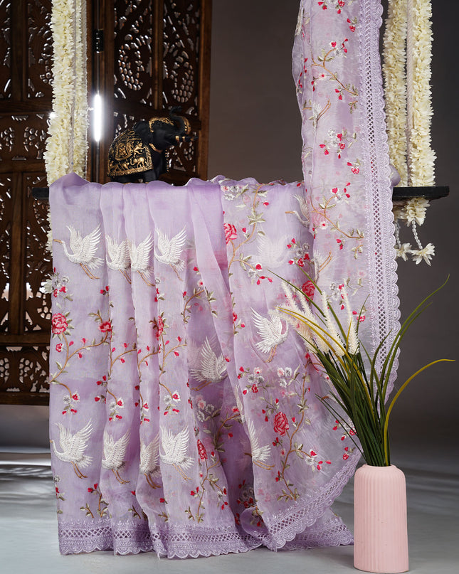 Soft Tissue Organza Silk with All Over Embroidery with Cut Work Border - Lavender