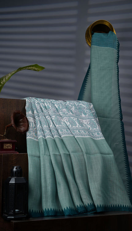 Linen Silk Saree With Madhubani Print With Gold Zari Border - Rama Green