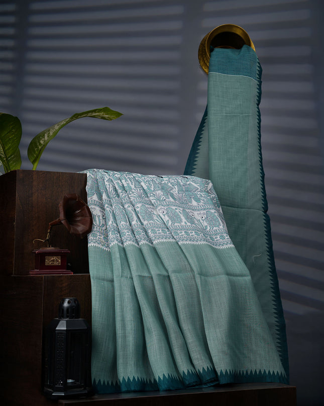 Linen Silk Saree With Madhubani Print With Gold Zari Border - Rama Green