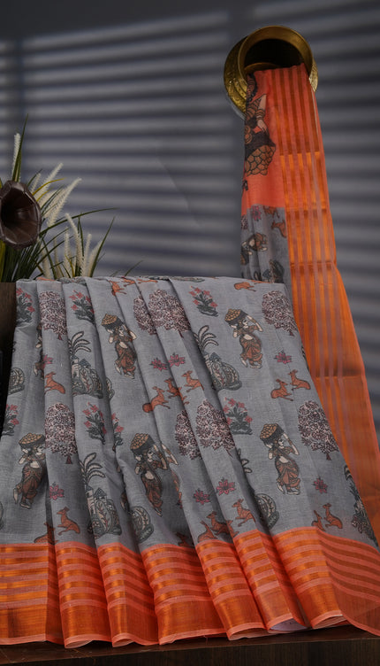 Muslin Silk With Kalamkari Print Contrast Border - Grey