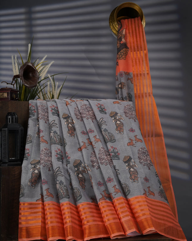 Muslin Silk With Kalamkari Print Contrast Border - Grey