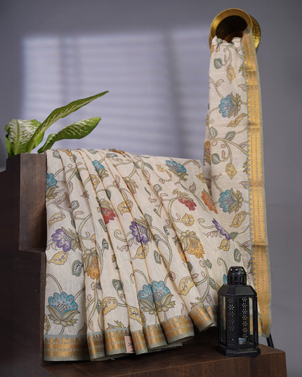 Linen Jute Floral Print With Zari Border  - Beige