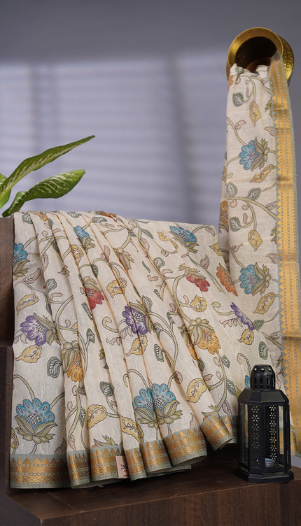 Linen Jute Floral Print With Zari Border  - Beige