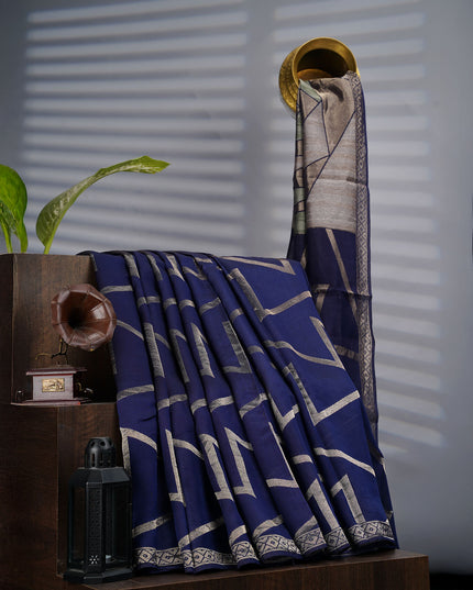 Munga Silk Saree With Gold Zari Border -  Navy Blue