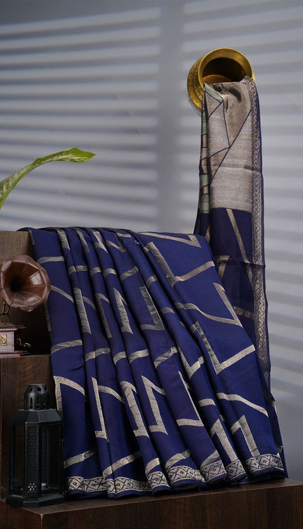 Munga Silk Saree With Gold Zari Border -  Navy Blue