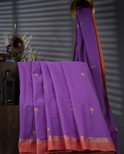 Handloom Cotton Thread Embroidery Butties And Gold Border - Violet