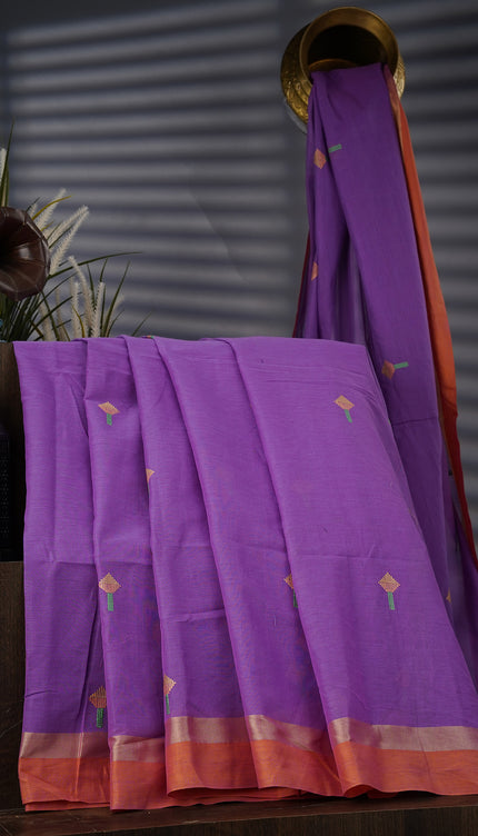 Handloom Cotton Thread Embroidery Butties And Gold Border - Violet