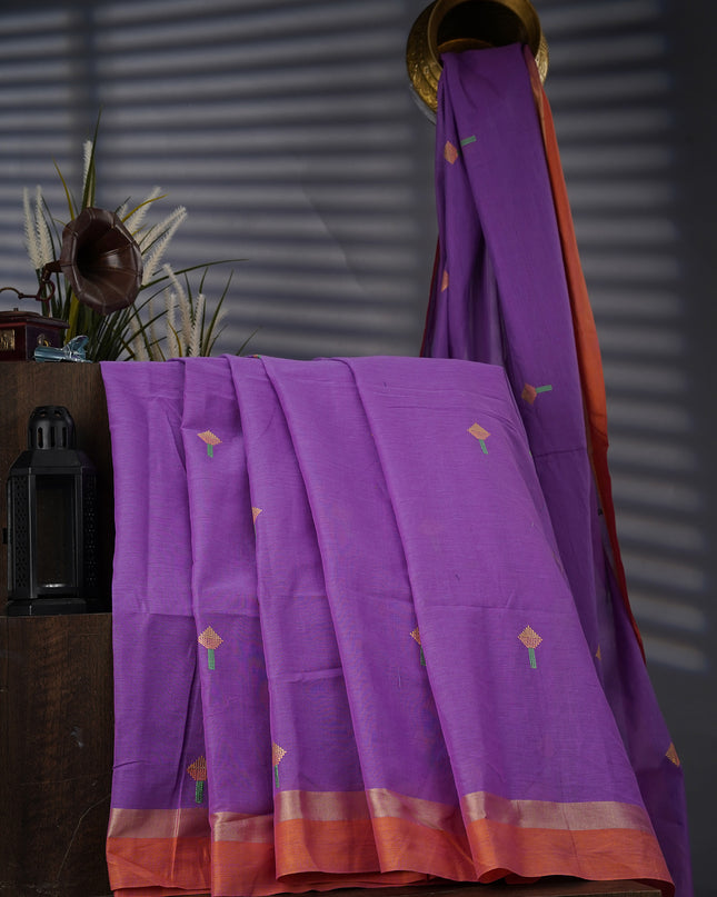 Handloom Cotton Thread Embroidery Butties And Gold Border - Violet