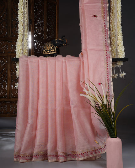 Kota Silk Saree with Kantha Work - Baby Pink