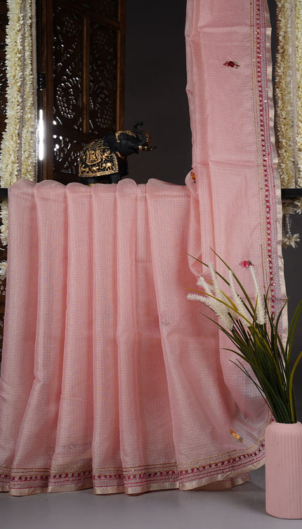 Kota Silk Saree with Kantha Work - Baby Pink