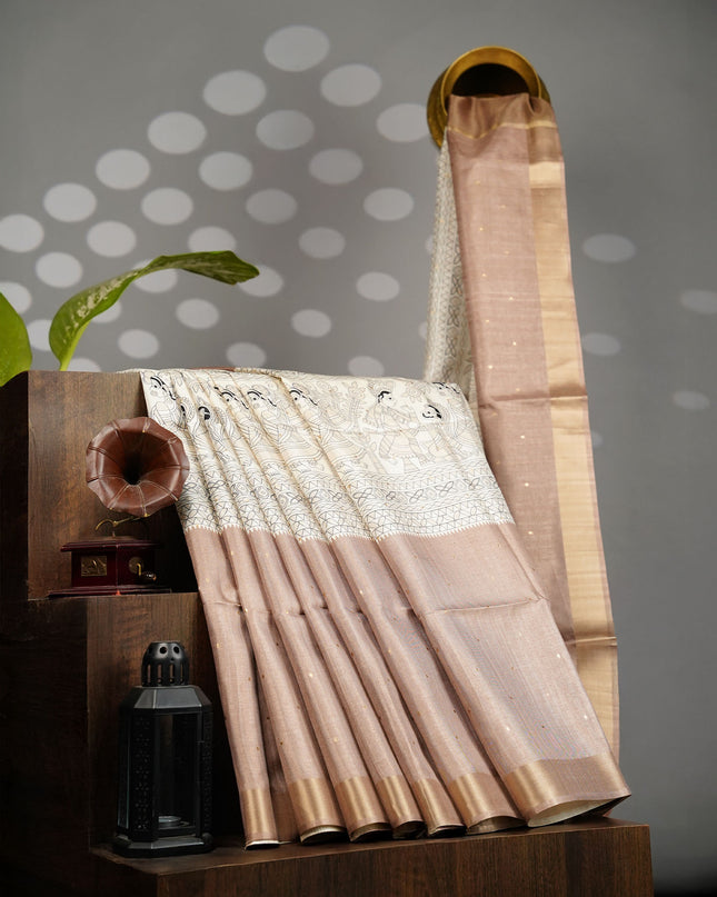 Tusser Silk Saree with Madhubani Print with gold Zari Border- Beige