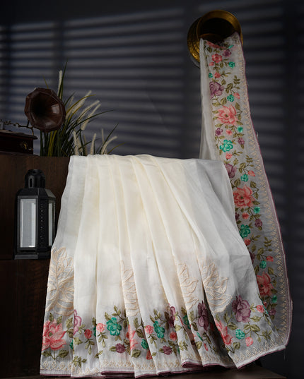 Tissue Georgette With thread Embroidery Work And Border - White