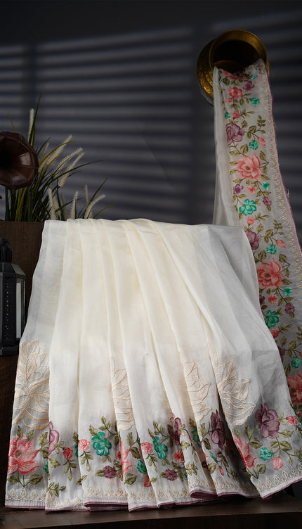 Tissue Georgette With thread Embroidery Work And Border - White