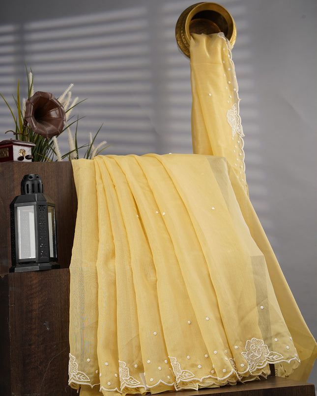 Tissue Linen Saree With Scallop Border With Pearl Work - Light Yellow
