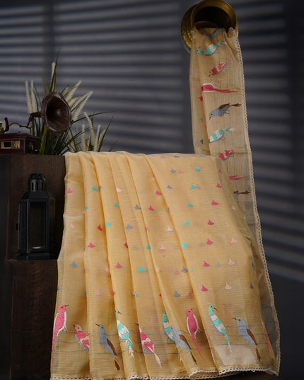 Silk Kota Saree With Thread Embroidery Butties And Lace Border - Cream