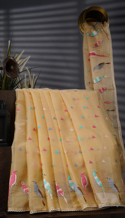 Silk Kota Saree With Thread Embroidery Butties And Lace Border - Cream