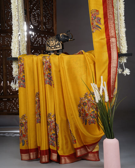 Binny Crepe Saree with kalamkari Print butties and contrast Border - Yellow