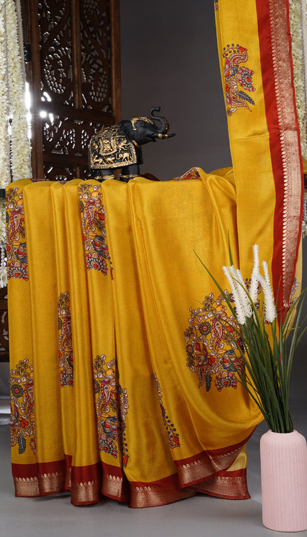 Binny Crepe Saree with kalamkari Print butties and contrast Border - Yellow