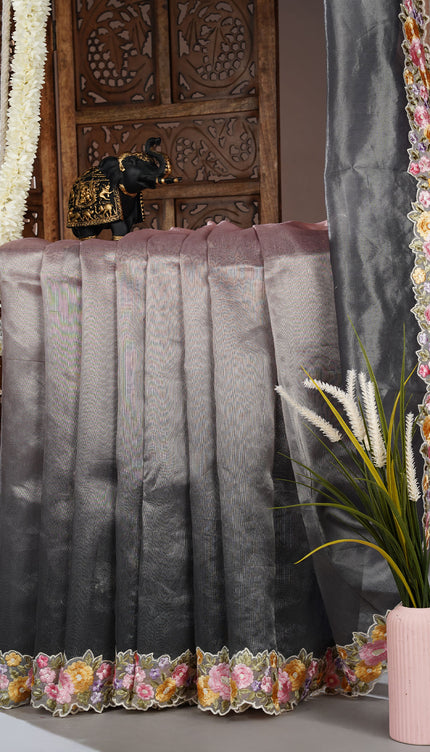 Tissue linen saree with Embroidery work scallop border - Green & Peach