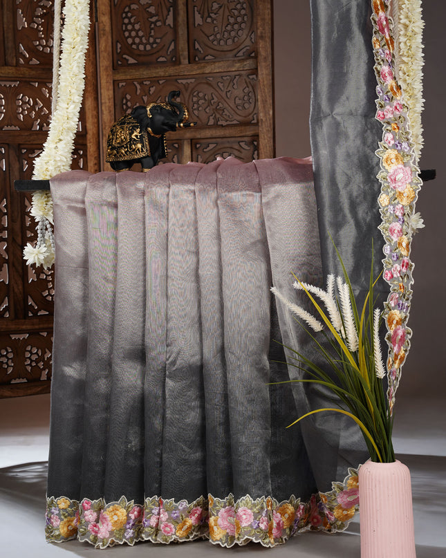 Tissue linen saree with Embroidery work scallop border - Green & Peach