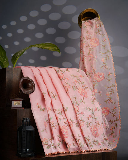 Tissue Lenin Saree with Thread Embroidery Work and Lace Border- Pink