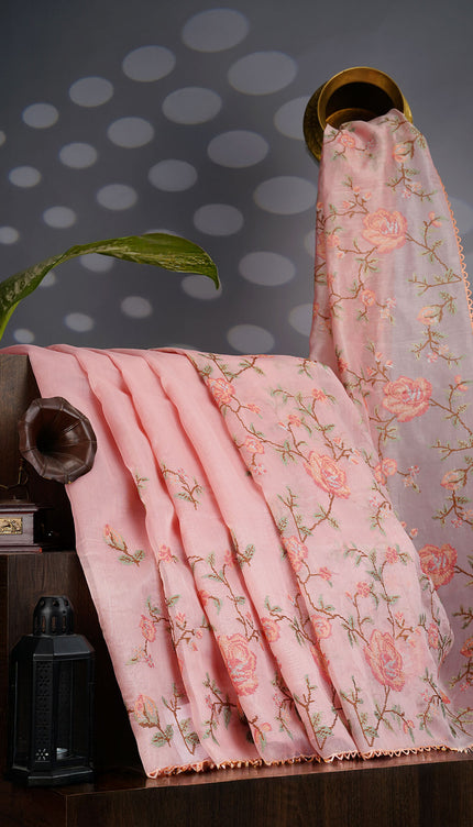 Tissue Lenin Saree with Thread Embroidery Work and Lace Border- Pink