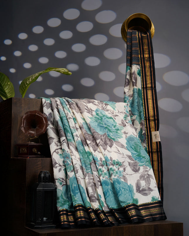 Managalagiri Silk Saree with Floral Print and Silk Saree- Sea Blue