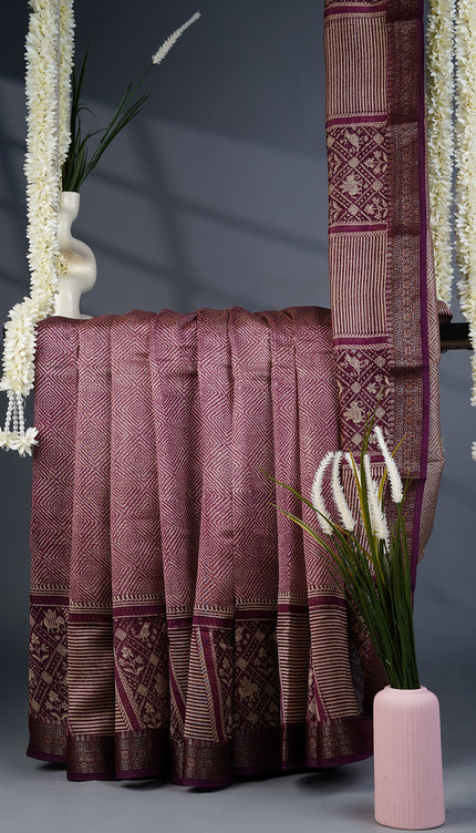Chanderi Silk Saree with Ajrakh Print and Geometric Pattern- Purple