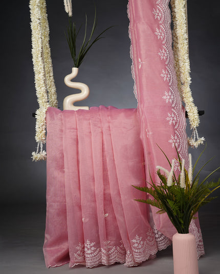Tissue Linen Saree and Scallop Border and Peral Work - Pink