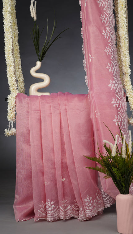 Tissue Linen Saree and Scallop Border and Peral Work - Pink