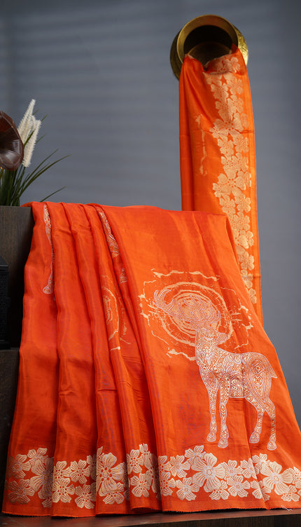 Banaras Silk Saree Gold & Silver Zari Butties and Border - Orange