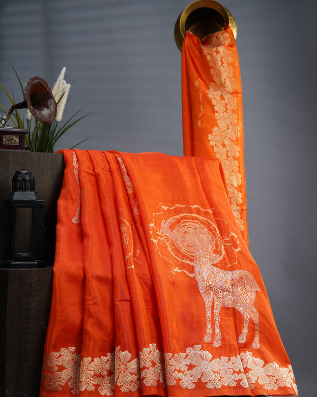 Banaras Silk Saree Gold & Silver Zari Butties and Border - Orange