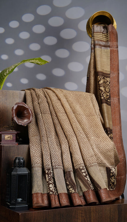 Muslin Silk Saree with Antique Zari Border- Coffee Brown